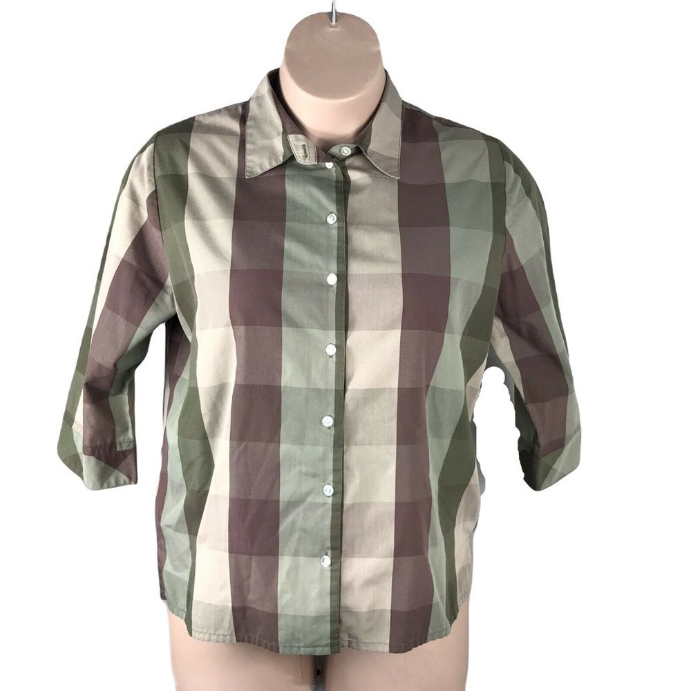 Alia Button Down Collared Shirt ~ Sz 14P ~ Green & Brown ~ 3/4 Sleeve